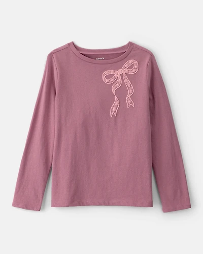 Girls Lace Bow Long-Sleeve Graphic Tee - Pink