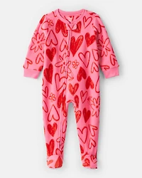 Baby Girl Heart Fleece Long-Sleeve Loose Fit 1-Piece Pyjamas - Pink/Red
