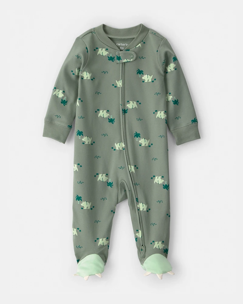 Baby Boy Dinosaur 2-Way Zip 100% Cotton Sleeper - Green