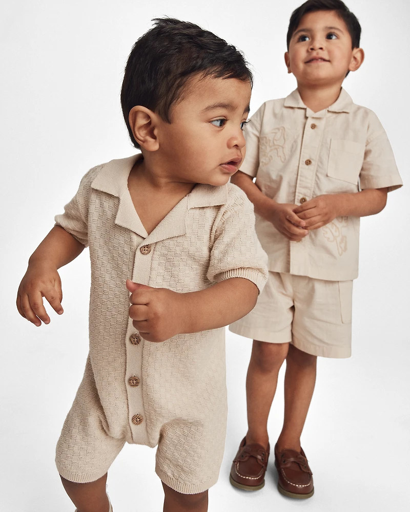 Baby Boy Button-Down Short-Sleeve Romper - Ivory