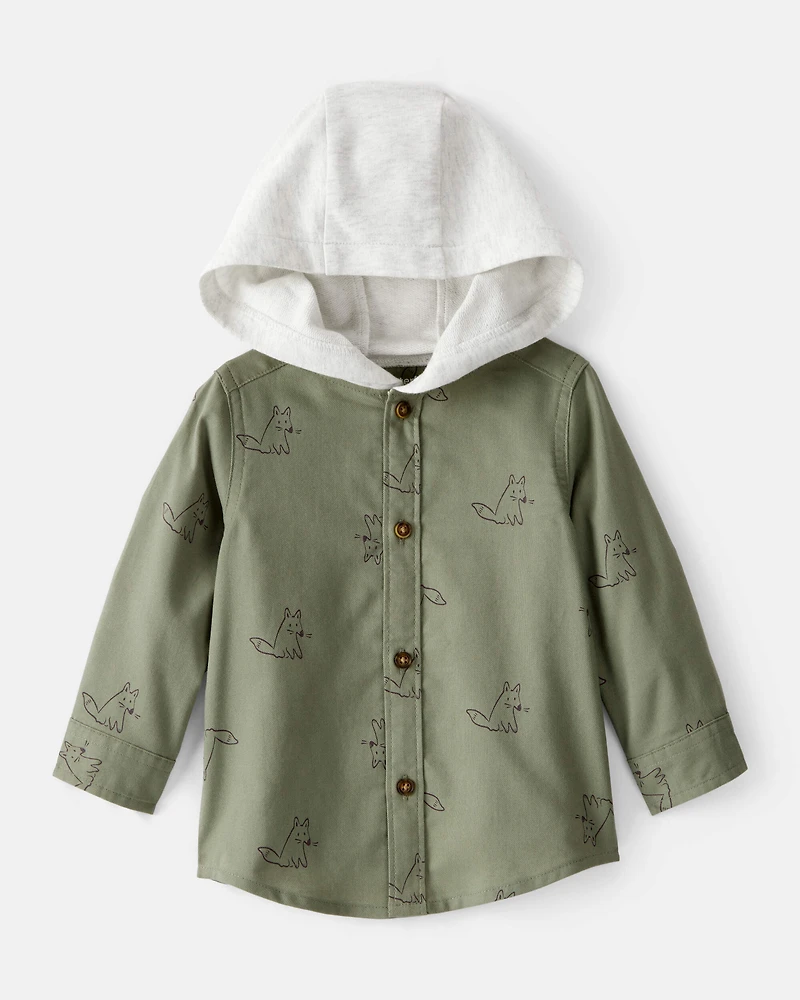 Baby Boy Racoon Print Cotton Long-Sleeve Hooded Button-Down Shirt - Green