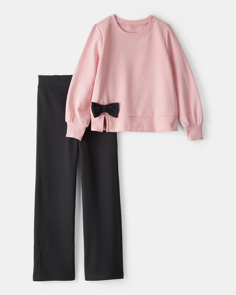 Girls 2-Piece Bow Pullover & Pant Set - Pink/Black