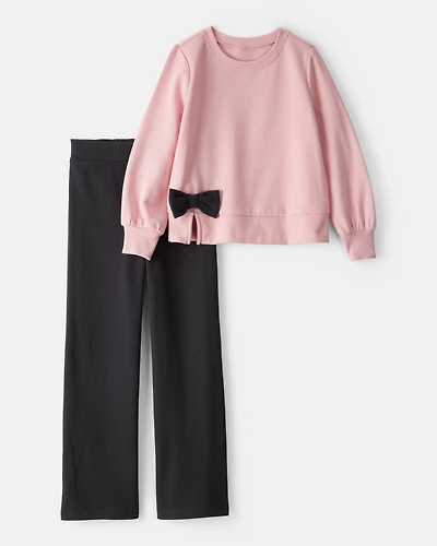 Girls 2-Piece Bow Pullover & Pant Set - Pink/Black