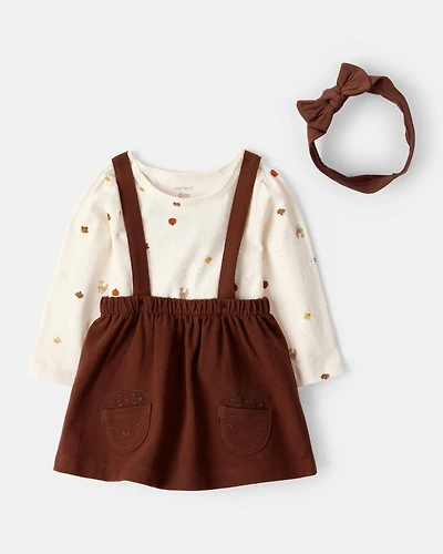 Baby Girl 3-Piece Turkey Print Cotton Dress Set - White/Brown