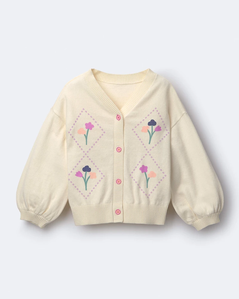 Toddler Girl Embroidered Cardigan Sweater with Flowers - Cream