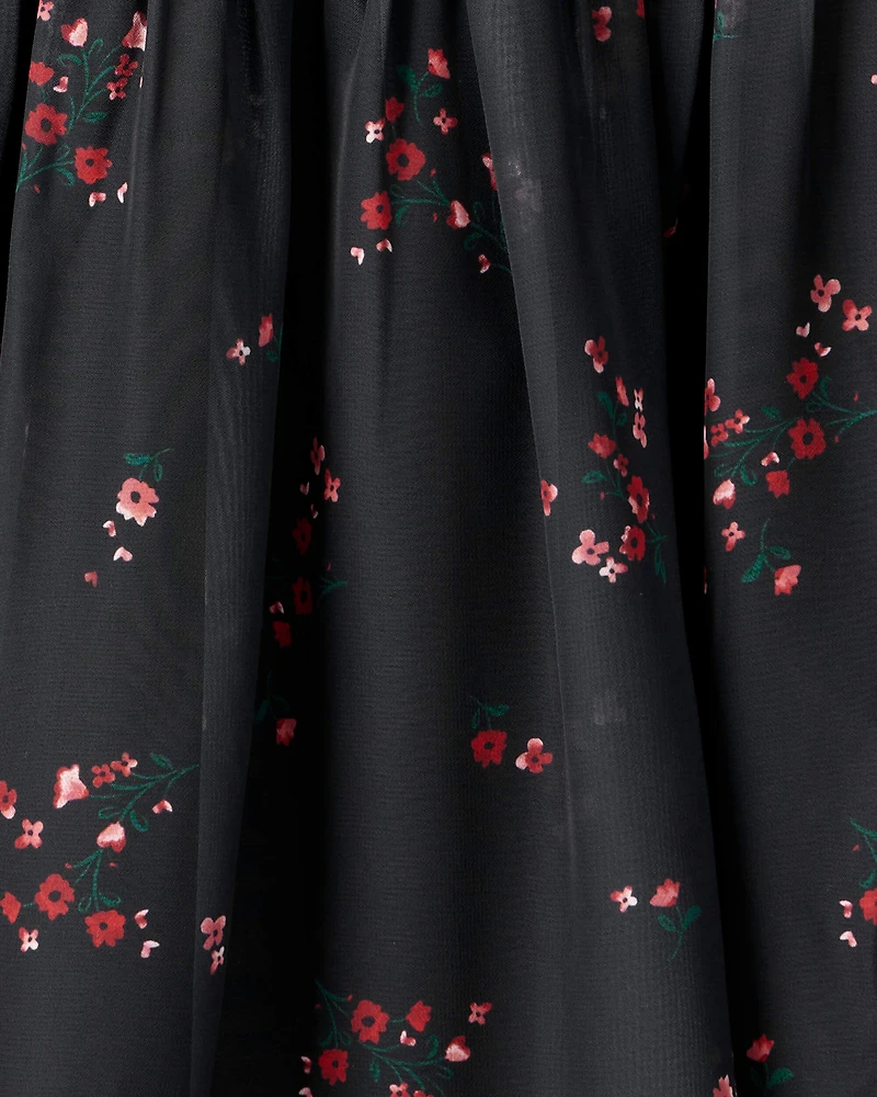 Girls Floral Short-Sleeve Occasion Dress - Black