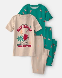 Boys Hot Sauce 100% Cotton Snug Fit 4-Piece Pajama Set - Tan/Green