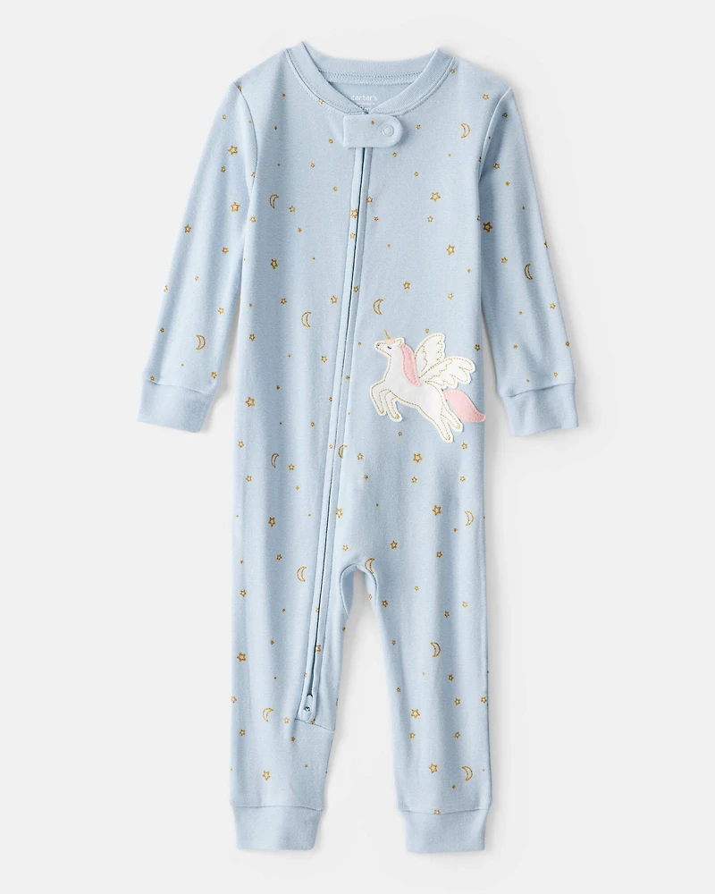 Baby Girl Unicorn Star Print 100% Cotton Long-Sleeve 2-Way Zip 1-Piece Pyjamas - Blue