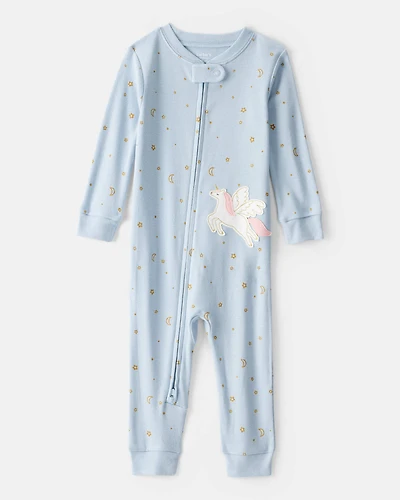 Baby Girl Unicorn Star Print 100% Cotton Long-Sleeve 2-Way Zip 1-Piece Pyjamas - Blue