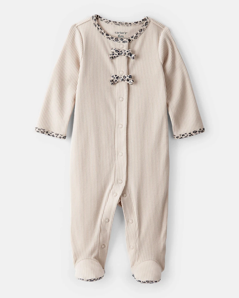 Baby Girl Bow Cotton Long-Sleeve Snug Fit Sleeper - Brown