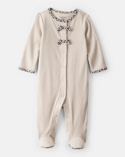 Baby Girl Bow Cotton Long-Sleeve Snug Fit Sleeper - Brown