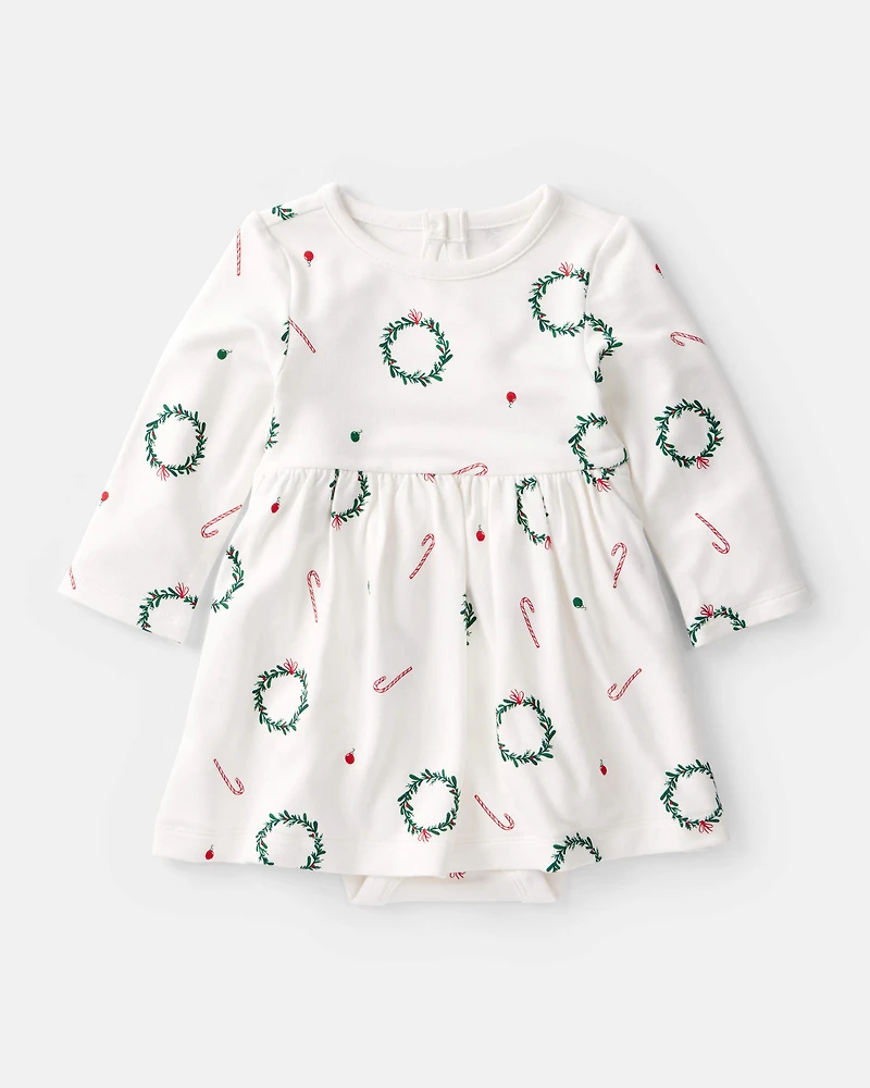 Baby Girl Wreath Print PurelySoft Short-Sleeve Bodysuit Dress - White