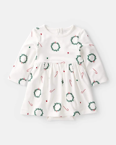 Baby Girl Wreath Print PurelySoft Short-Sleeve Bodysuit Dress - White
