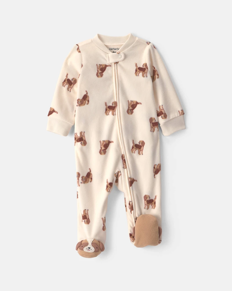 Baby Boy Dog Fleece 2-Way Zip Sleeper Pyjamas - Cream