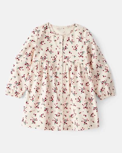 Toddler Girl Floral Print Corduroy Long-Sleeve Dress - White
