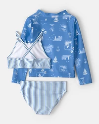 Toddler Girl 3-Piece Sailboat Long-Sleeve Rashguard Swimsuit Set - Blue