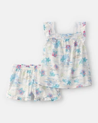 Girls 2-Piece Tropical Beach Sleeveless Loose Fit Pyjama Set - Multicolour