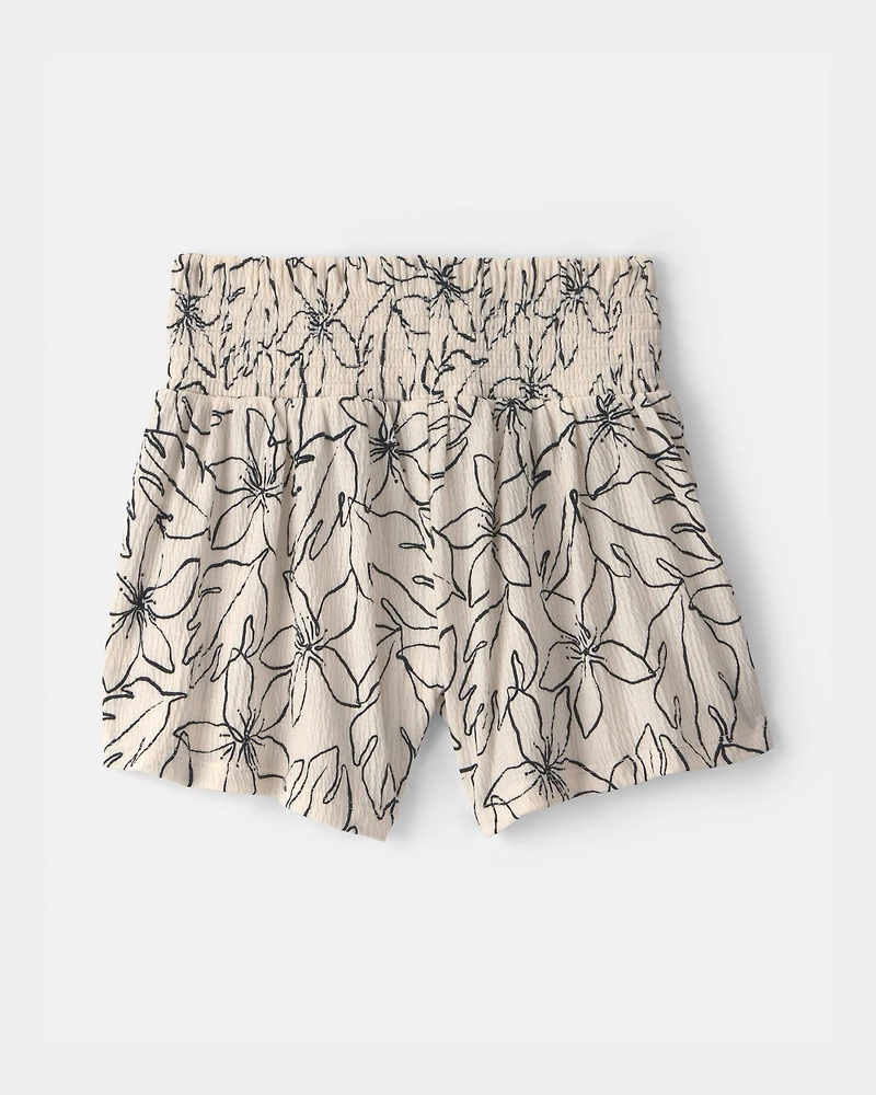 Girls Floral Smocked Crinkle Shorts - Ivory