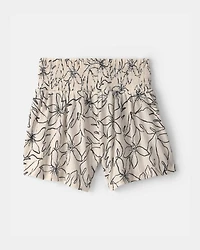 Girls Floral Smocked Crinkle Shorts - Ivory