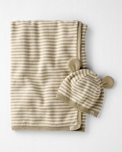 Baby Organic Cotton Sweater Knit Blanket and Cap Gift Set
