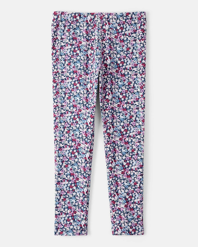 Girls Floral Cotton Pull-On Stretch Leggings