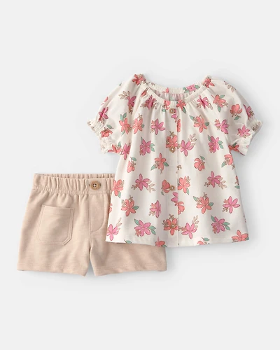 Baby Girl 2-Piece Floral Top & Short Set - Cream/Tan