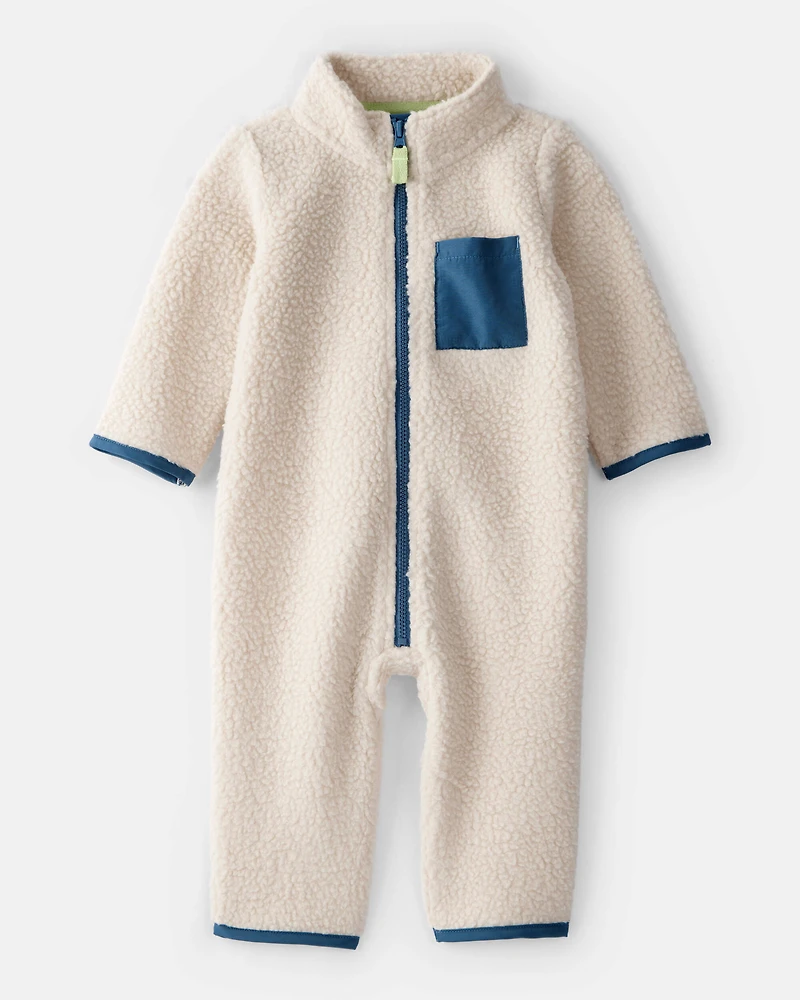 Baby Boy Colour Block Fleece Zip-Up Jumpsuit - Cream/Blue