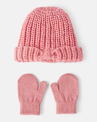 Baby Girl Winter Hat & Mittens Set - Pink
