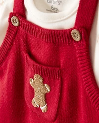 Baby Boy Gingerbread Holiday Print Long-Sleeve Overall Set - Red