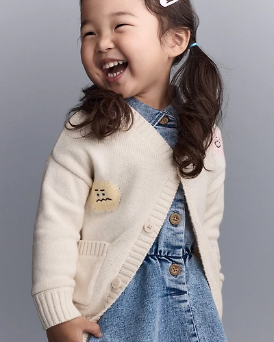 Toddler Cardigan with Avenue Pockets Character Print- Cream