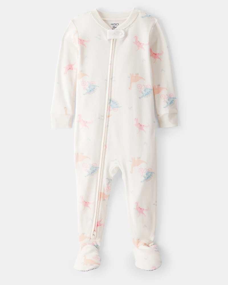 Toddler Girl Dinosaur Print 100% Cotton Long-Sleeve 2-Way Zip 1-Piece Pyjamas - White