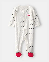 Baby Girl Cherry 2-Way Zip 100% Cotton Sleeper - White
