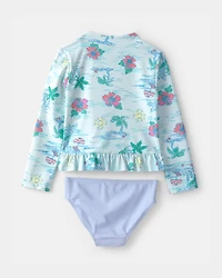 Toddler Girl 2-Piece Beach  Long-Sleeve Rashguard Swimsuit Set - Blue/Lavender