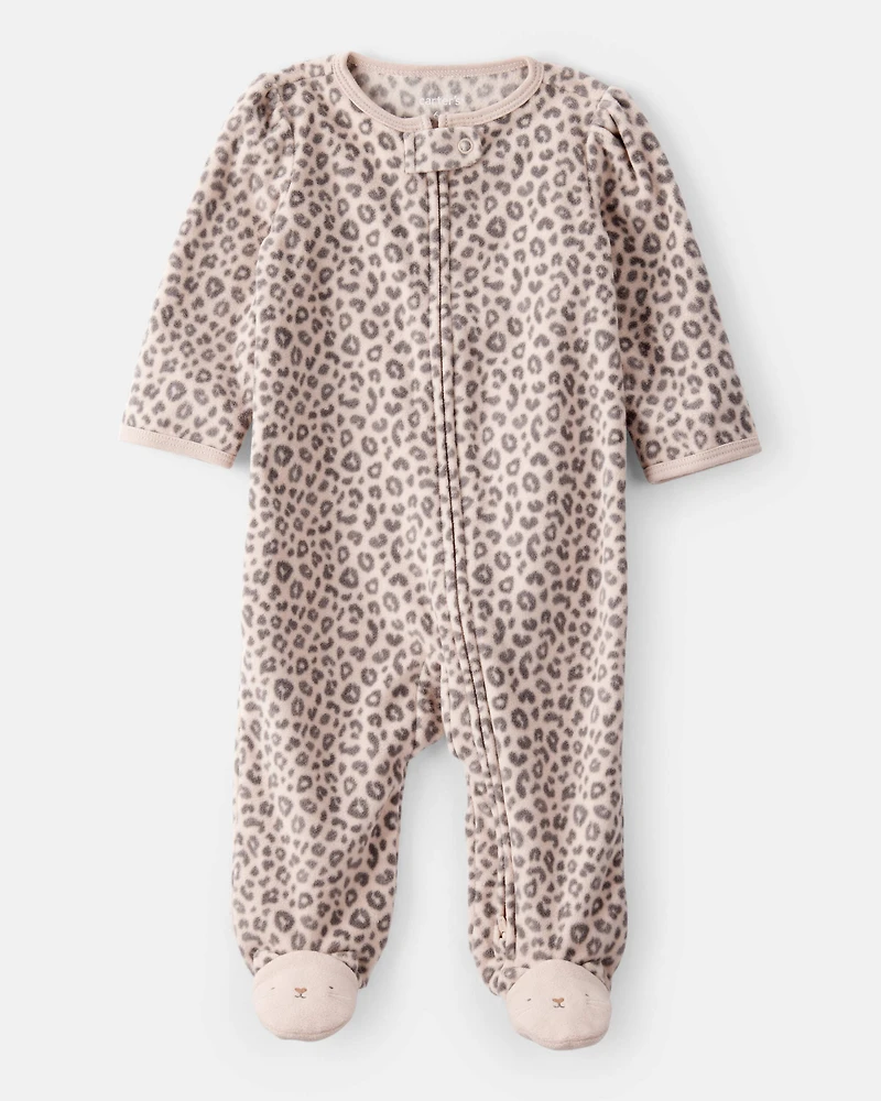 Baby Girl Leopard Print Loose Fit Long-Sleeve Sleeper - Cream/Brown