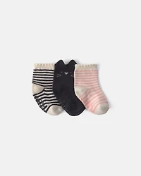 Baby Girl 3-Pack Halloween Cat Booties - Black/Pink