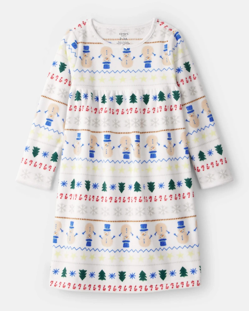 Girls Christmas Fair Isle Print Fleece Long-Sleeve Loose Fit Night Gown - White