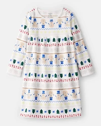 Girls Christmas Fair Isle Print Fleece Long-Sleeve Loose Fit Night Gown - White