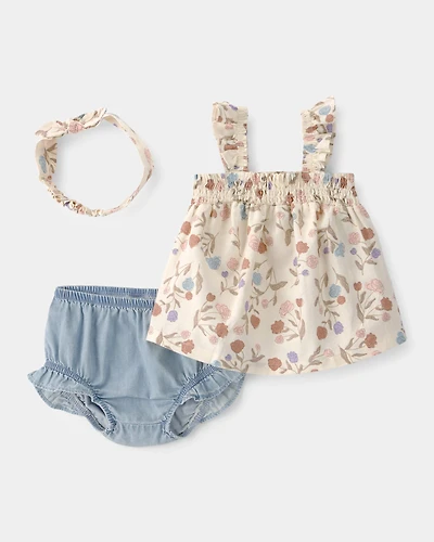 Baby Girl 3-Piece Floral Short-Sleeve Bodysuit Dress - Brown/Blue