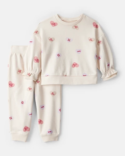 Baby Girl DayDream Fleece Candy Heart French Terry Pullover & Pant Set - Cream