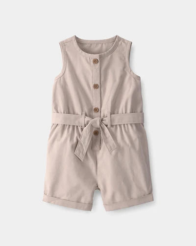 Baby Girl Solid Canvas Sleeveless Romper - Beige