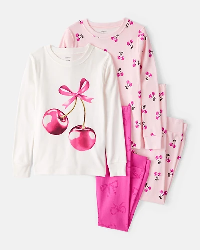 Girls Cherries Print 100% Cotton Long-Sleeve 4-Piece Pyjamas - Pink/White