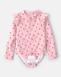 Toddler Girl Cherry Long-Sleeve 1-Piece Rashguard Swimsuit - Pink