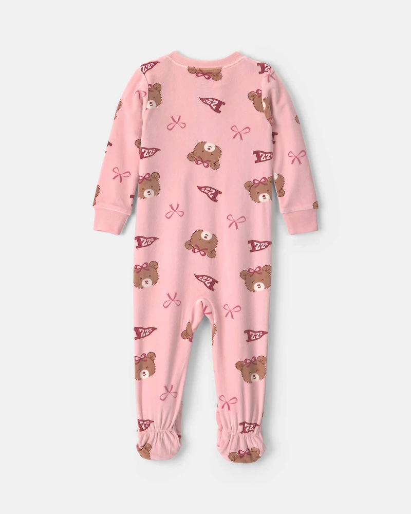 Baby Girl 1-Piece Bears & Bows 2-Way Zip DreamPlush Snug Fit Footed Pyjama - Pink