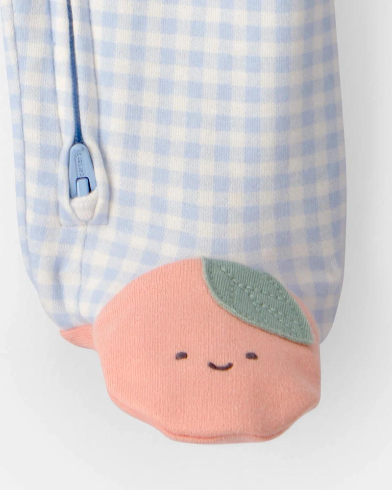 Baby Girl Peach Gingham 2-Way Zip 100% Cotton Sleeper - Blue