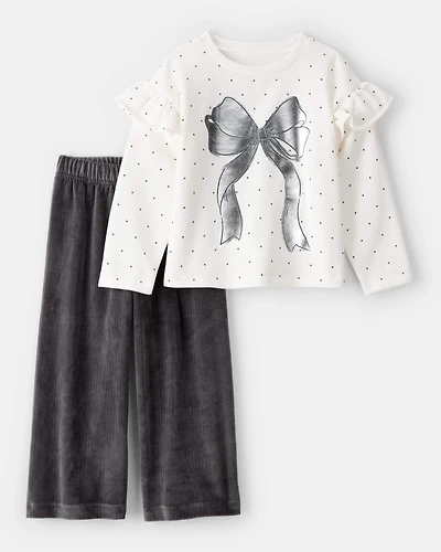 Toddler Girl DayDream Fleece Ruffle Sleeve Bow Top & Rib Pant Set