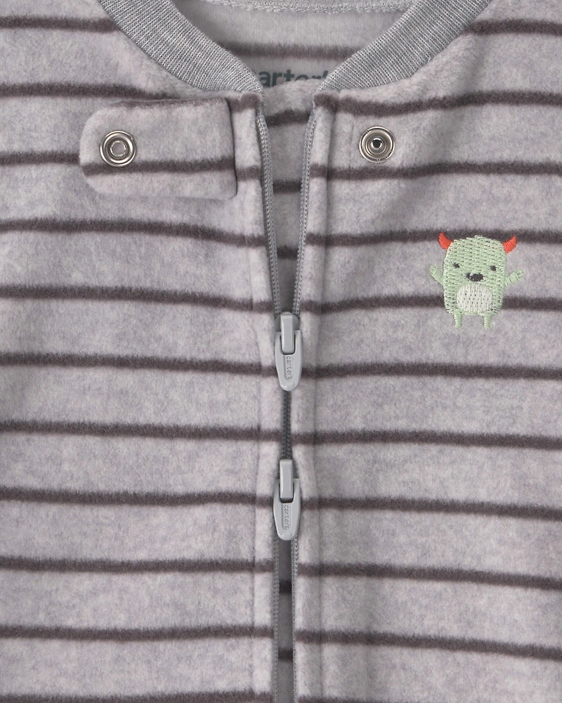 Baby Boy Monster Striped Fleece 2-Way Zip Sleeper - Grey