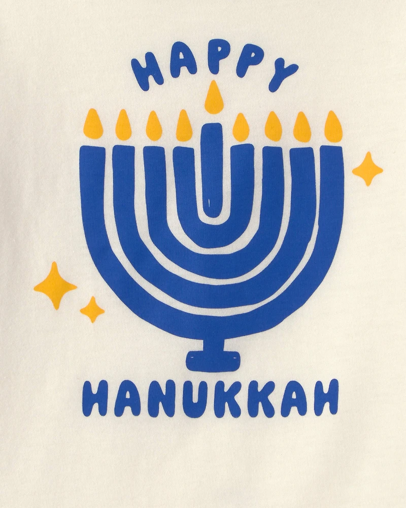 Toddler 'Happy Hanukkah' Menorah Long-Sleeve Graphic Tee - Cream/Blue/Gold