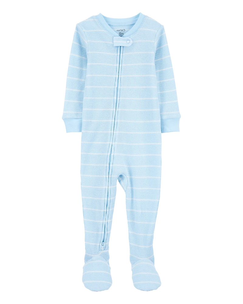 Toddler Boy Striped Waffle Knit Footie 1-Piece Pyjamas - Blue
