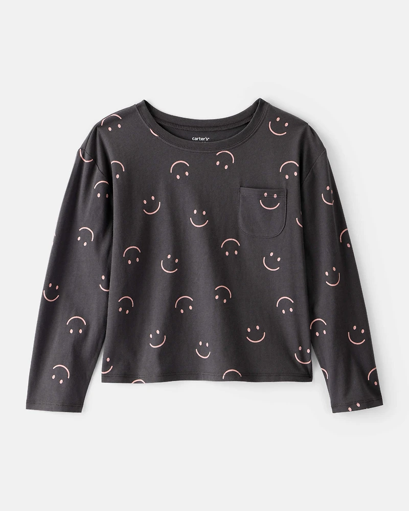 Girls Smiley Face Print Long-Sleeve Top - Black