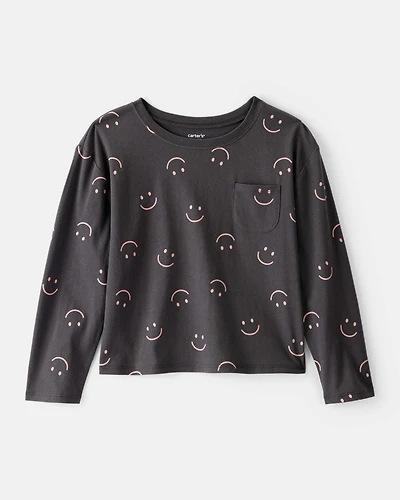 Girls Smiley Face Print Long-Sleeve Top - Black